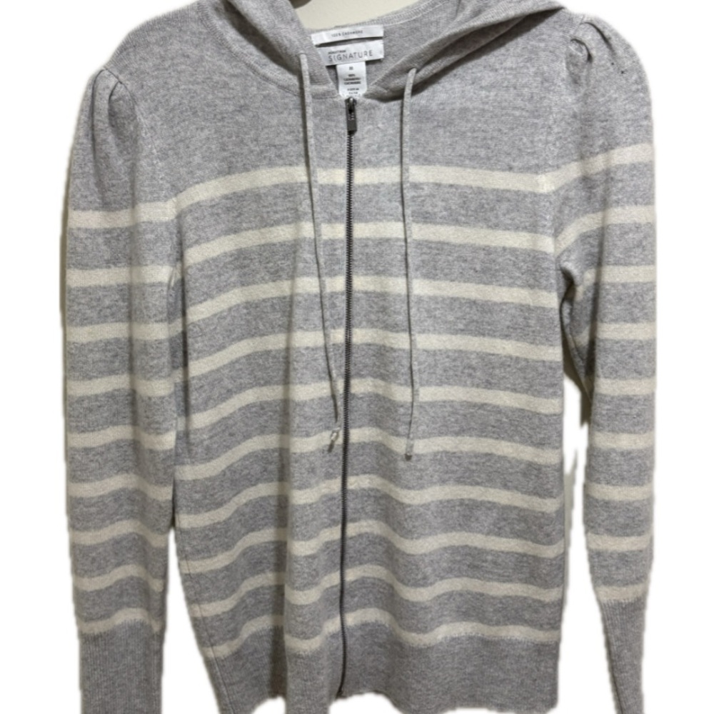 Nordstrom Signature 100% cashmere striped zip-up hoodie sweater